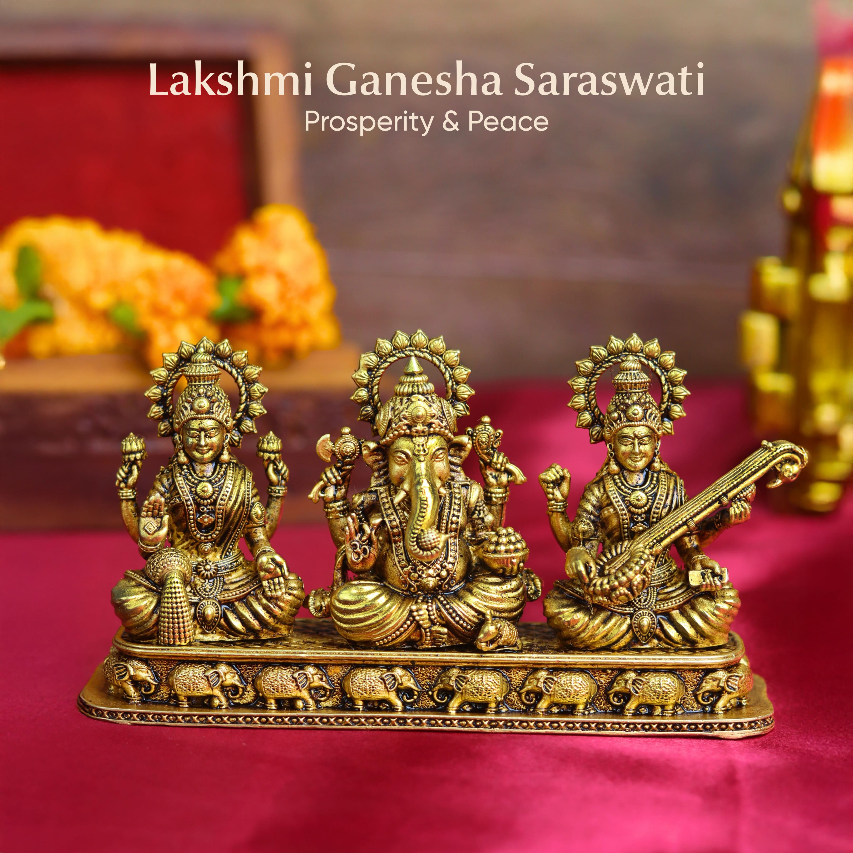 Brass Lakshmi Ganesha Saraswati Idol Set – Divine Trio Statue for Puja, Home Temple, Diwali & Auspicious Gifting