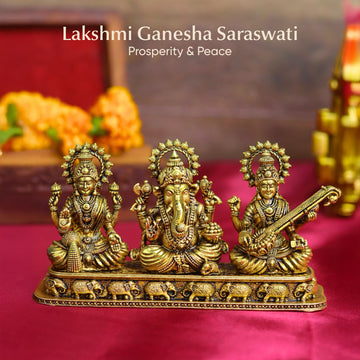 Brass Lakshmi Ganesha Saraswati Idol Set – Divine Trio Statue for Puja, Home Temple, Diwali & Auspicious Gifting
