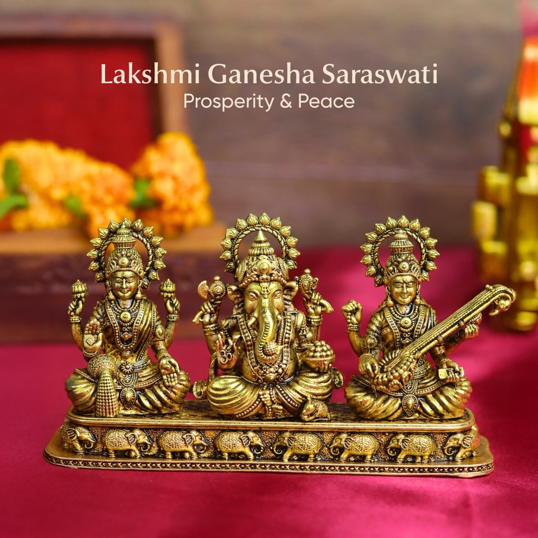Brass Lakshmi Ganesha Saraswati Idol Set – Divine Trio Statue for Puja, Home Temple, Diwali & Auspicious Gifting