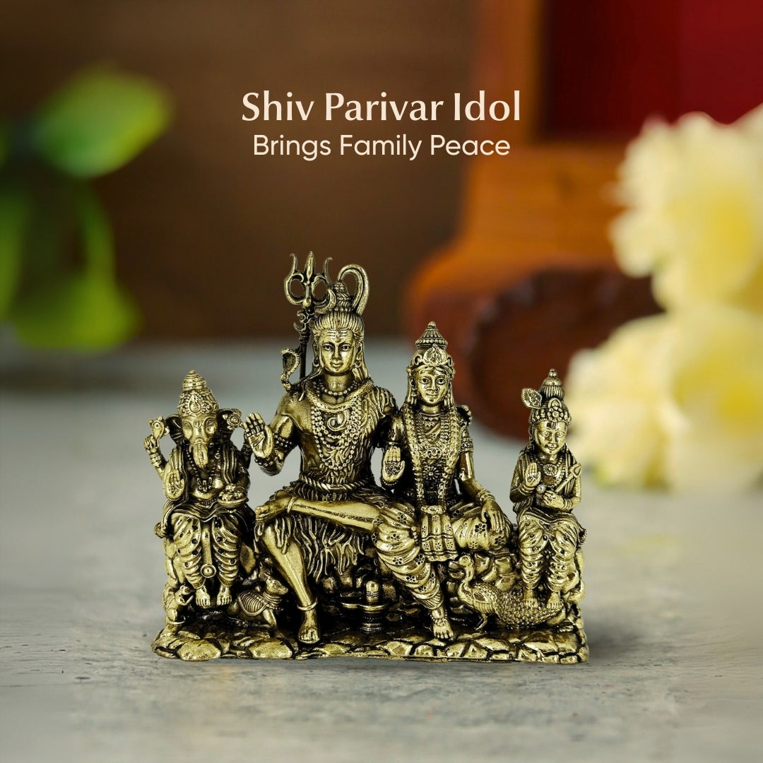 Brass Shiv Parivar Idol 4.5 Inch| Shiva, Parvati, Ganesha & Kartikeya Statue for Home Temple & Puja |
