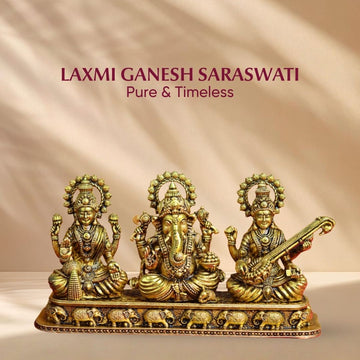 Brass Lakshmi Ganesha Saraswati Idol Set – Divine Trio Statue for Puja, Home Temple, Diwali & Auspicious Gifting