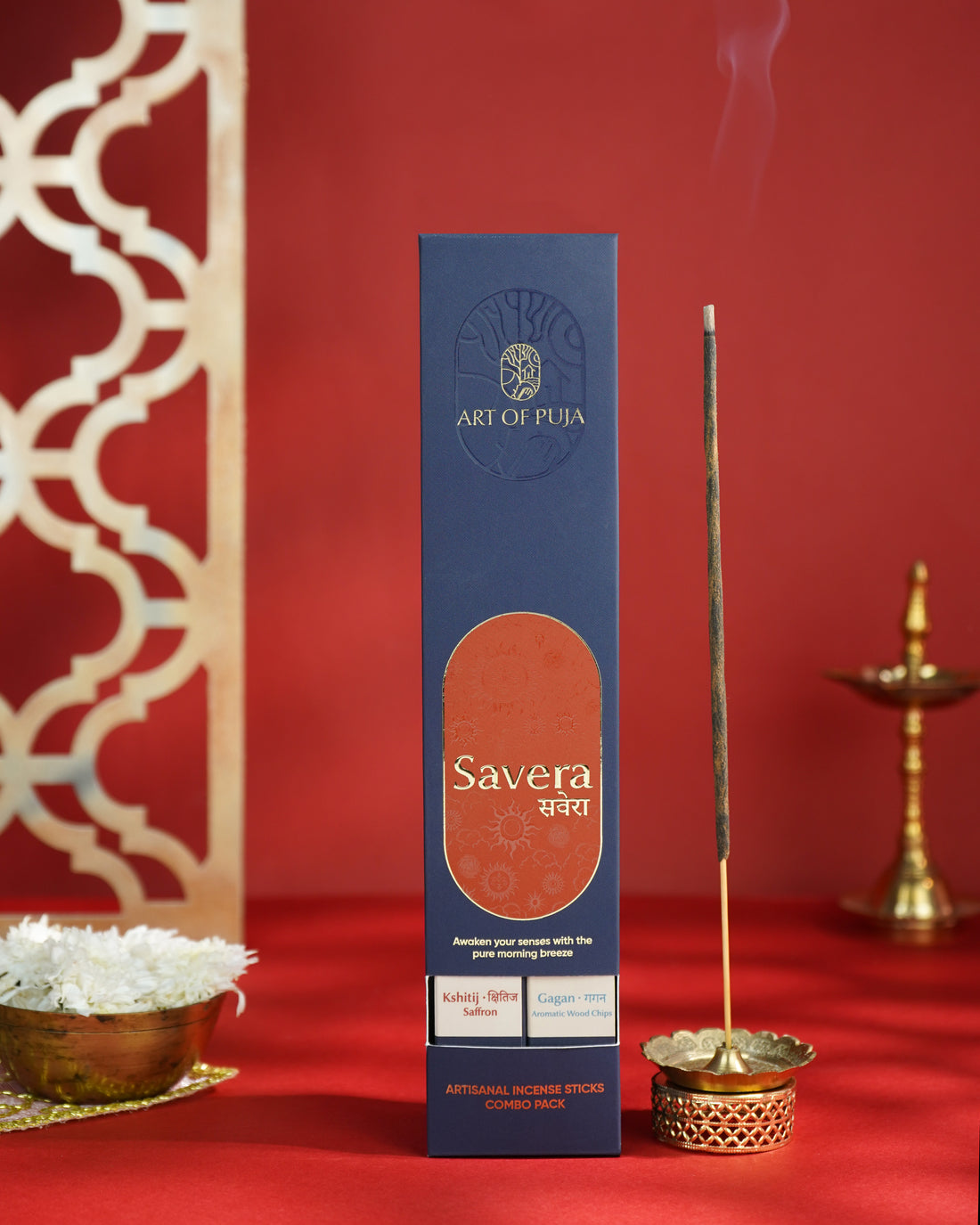 Savera Artisanal Incense Sticks (Combo Pack of 2) | Kshitij (Saffron) & Gagan (Aromatic Wood Chips)