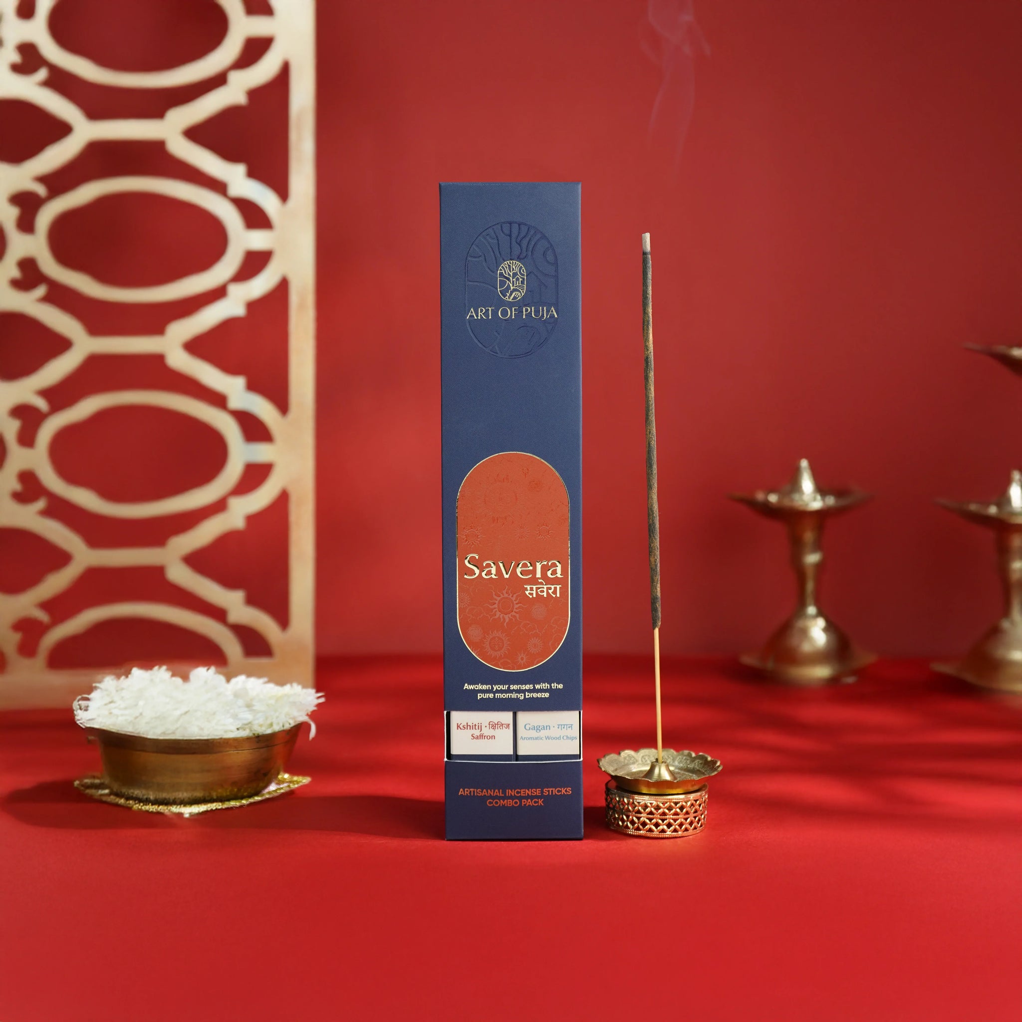 Savera Artisanal Incense Sticks (Combo Pack of 2) | Kshitij (Saffron) & Gagan (Aromatic Wood Chips)