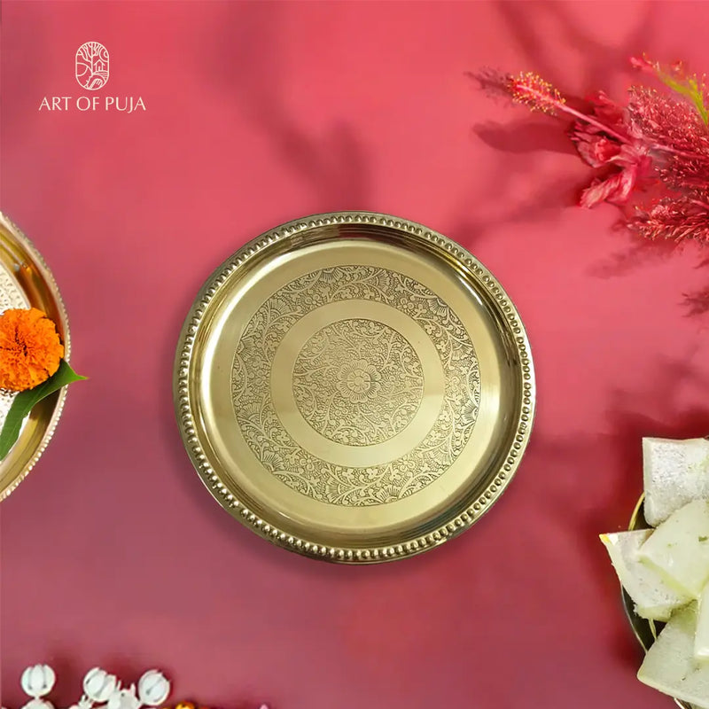 Pure Brass Puja Thali 8 inch | Handcrafted Brass Aarti Thali for Pooja, Diya & Ritual Ceremonies