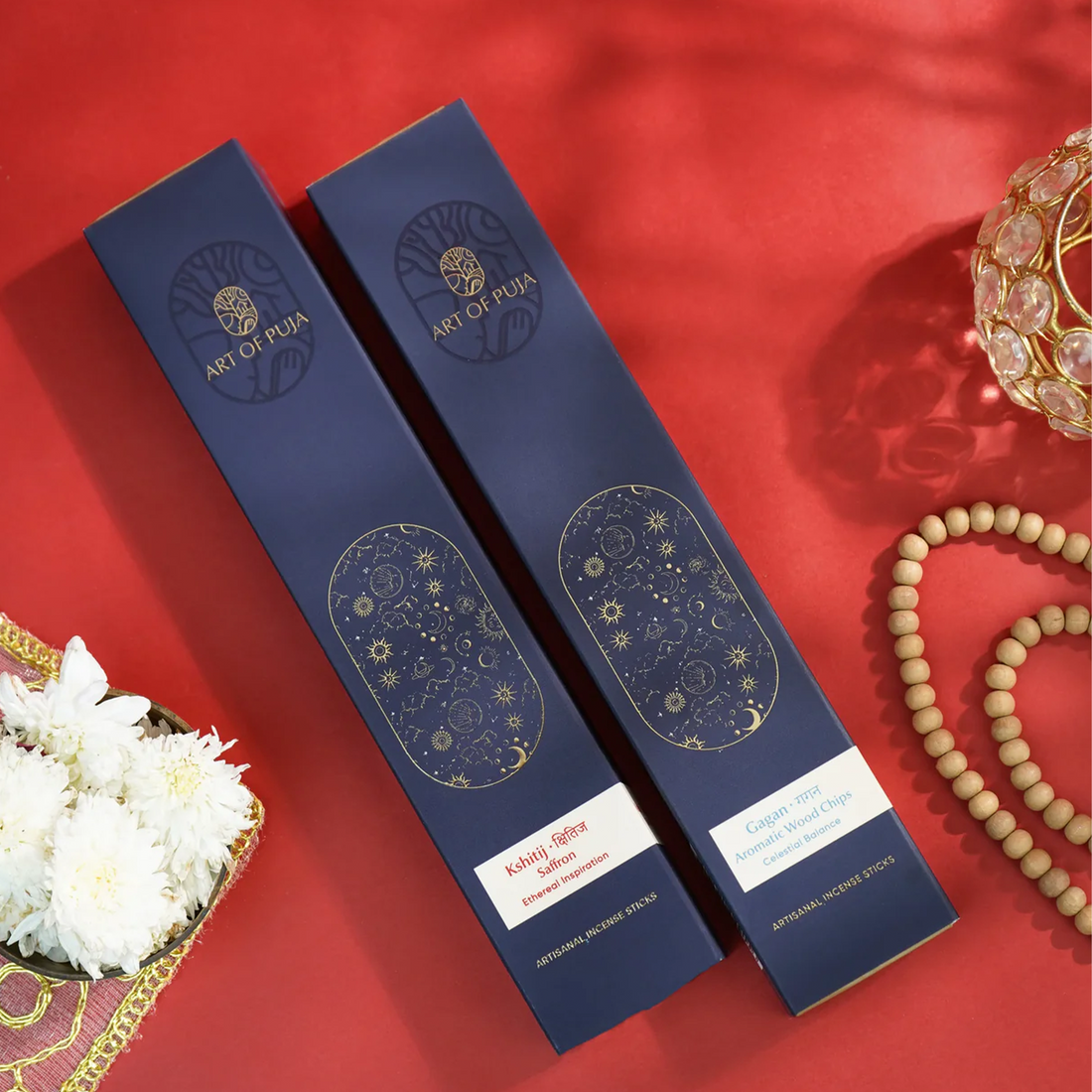 Savera Artisanal Incense Sticks (Combo Pack of 2) | Kshitij (Saffron) & Gagan (Aromatic Wood Chips)