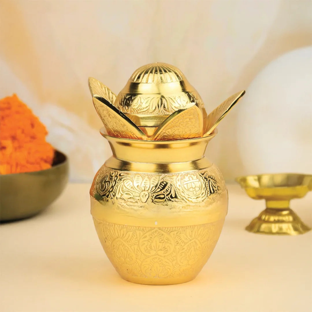 Brass Kalash with Nariyal & Lotus Leaves Lid   A Symbol of Shubh Aagman 6.3 inch