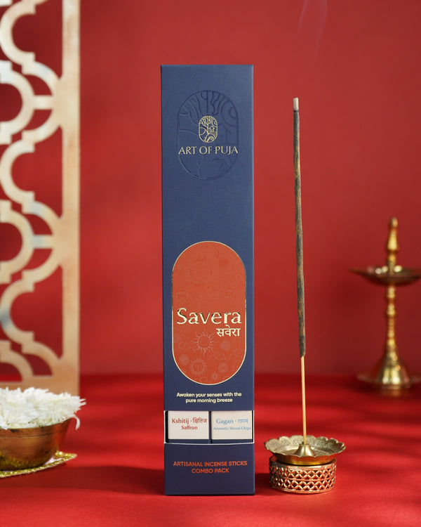 Savera Artisanal Incense Sticks (Combo Pack of 2) | Kshitij (Saffron) & Gagan (Aromatic Wood Chips)