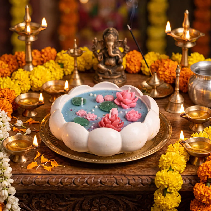 Kamal Sarovar Lotus Pond Candle – Handcrafted Floating Lotus Candle Bowl for Diwali, Puja & Home Decor (1 Pc)