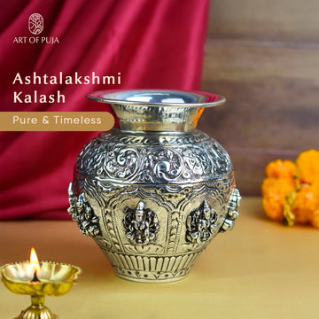 Ashtalakshmi Kalash – 100% Pure Silver Finish | Handcrafted Puja Kalash (5.6 Inch)