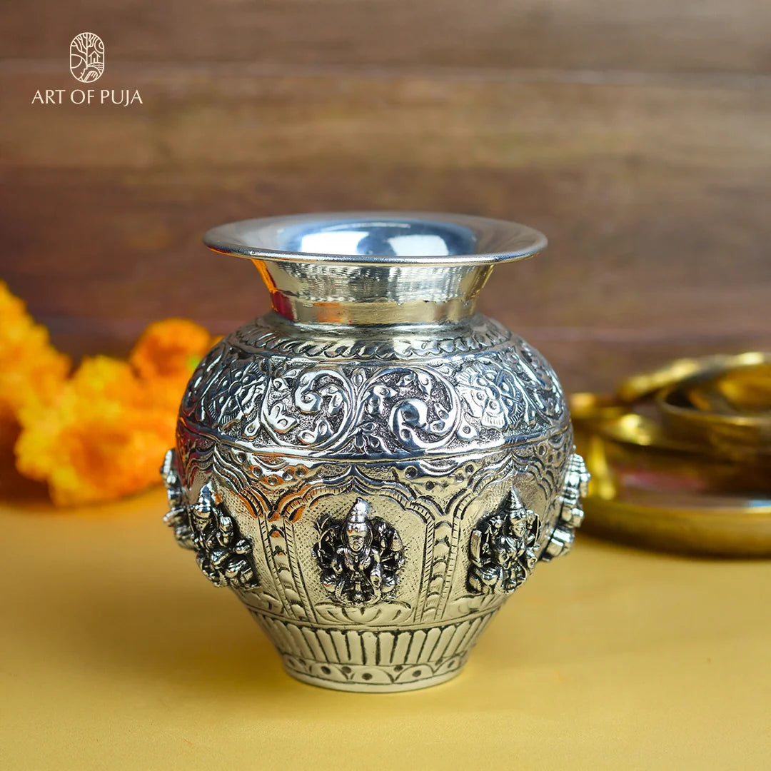 Ashtalakshmi Kalash – 100% Pure Silver Finish | Handcrafted Puja Kalash (5.6 Inch)