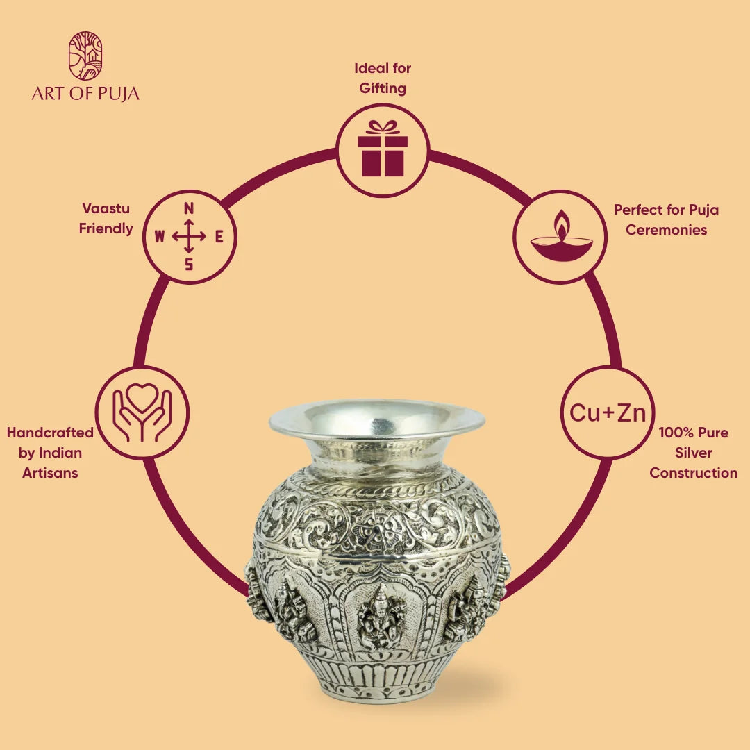 Ashtalakshmi Kalash – 100% Pure Silver Finish | Handcrafted Puja Kalash (5.6 Inch)