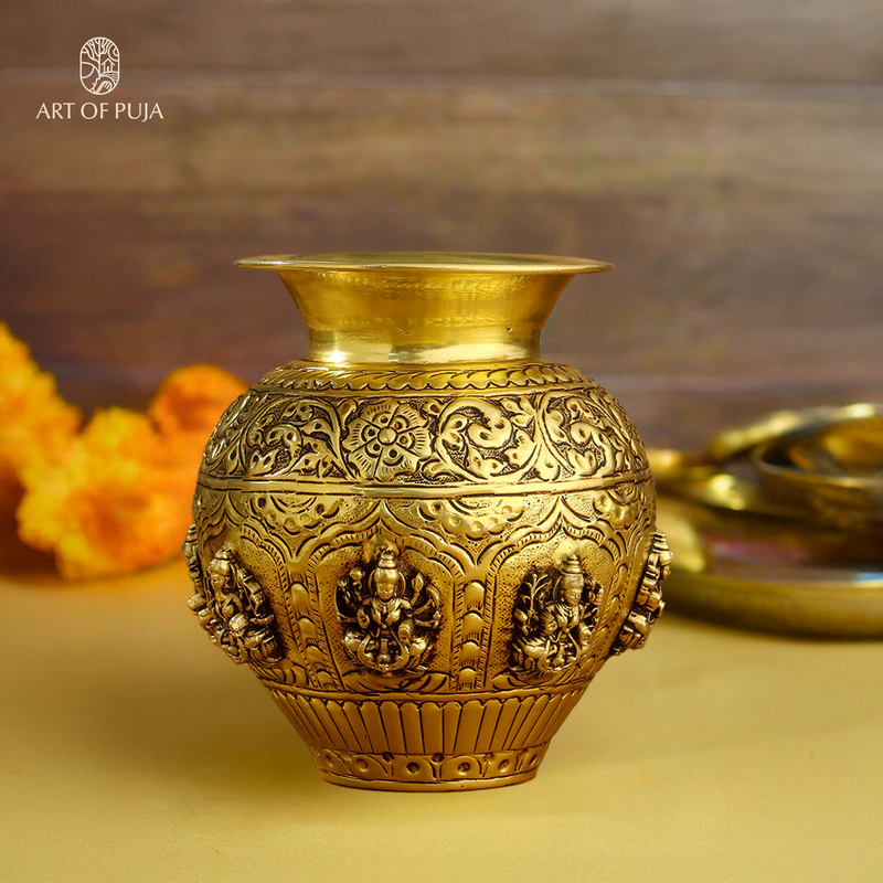 Brass Ashtalakshmi Kalash – 5.6 Inch | Symbol of Prosperity & Divine Grace