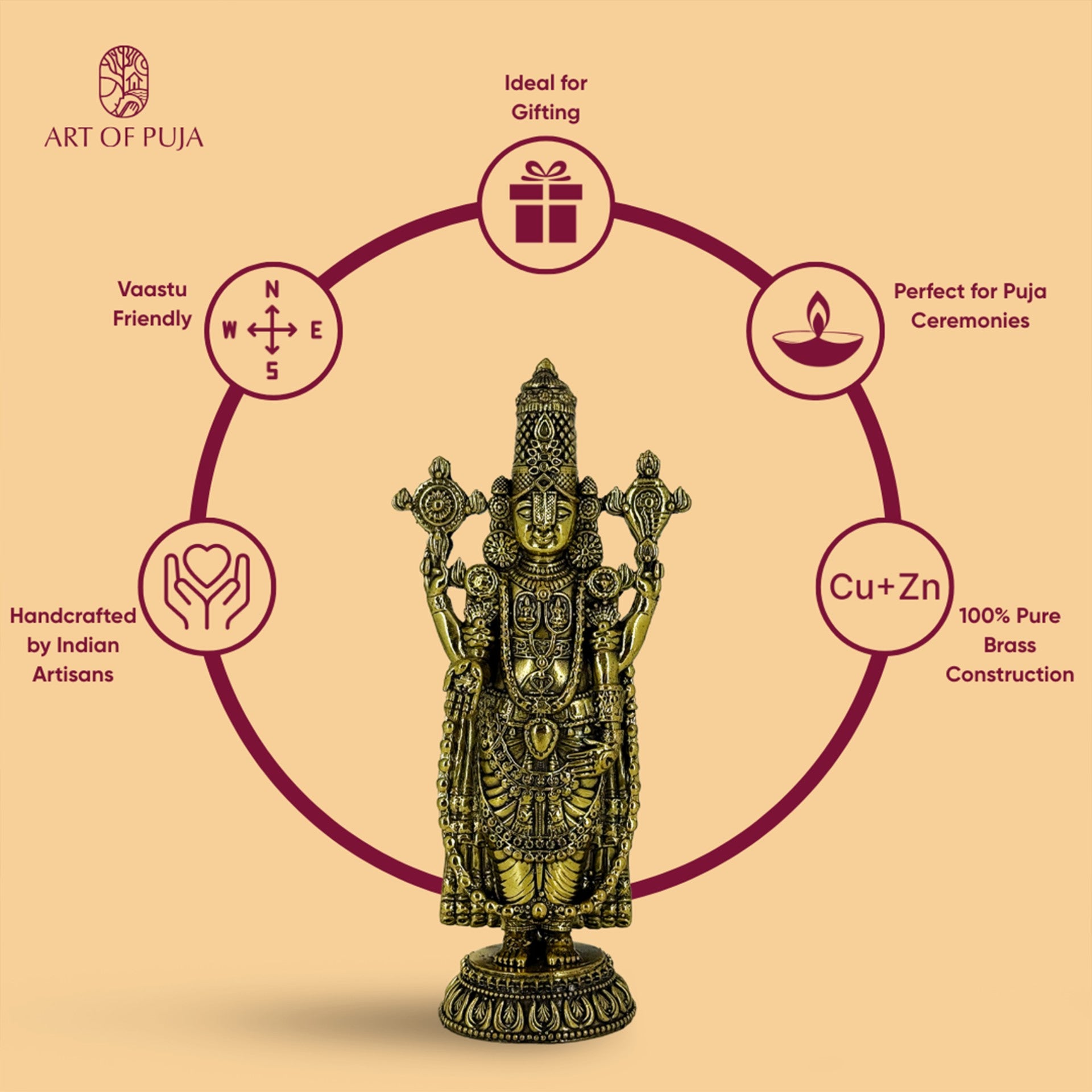 Lord Venkateswara (Tirupati Balaji) Brass Idol – 4.2 Inch | Handcrafted Murti for Puja & Gifting