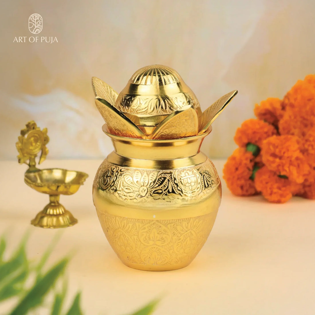 Gold Finish Kalash with Nariyal & Lotus Leaves Lid   A Symbol of Shubh Aagman 6.3 inch