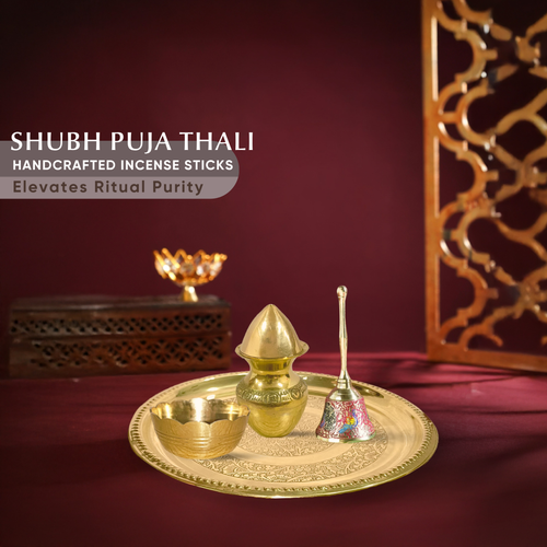 Shubh Puja Thali Set with Mini Kalash, Brass Ghanti, Katori & Plate | Complete Brass Pooja Thali Combo for Home Mandir