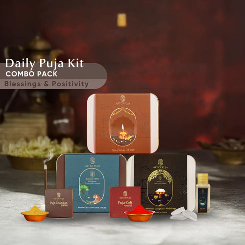 Daily Puja Kit | Natural & Pure Pooja Samagri Set — Bamboo-less  Dhoop, Pure Ghee Wicks, Sandalwood Camphor, Chandan, Roli &  Gangajal | Art of Puja