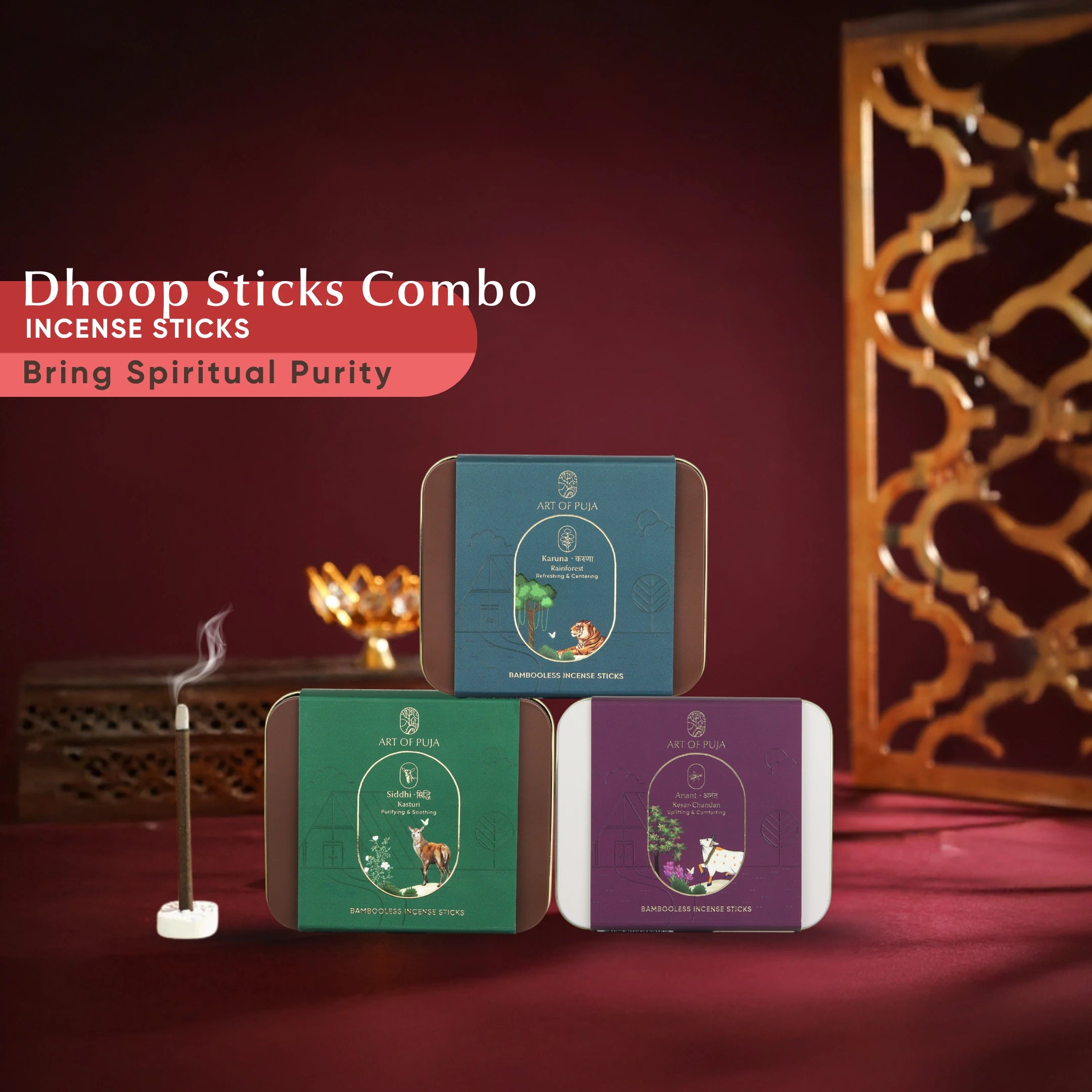 Dhoop Sticks Combo Pack of 3 – Rainforest, Kesar Chandan & Kasturi | Natural Long Lasting Dhoop for Puja &