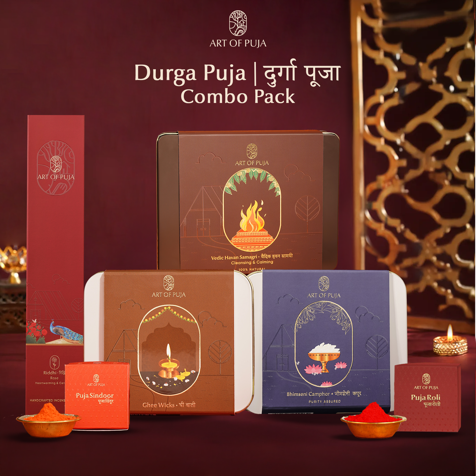Durga Puja Combo |  Ghee Wicks, Vedic Havan Samagri, Rose Incense, Bhimseni Camphor, Puja Roli & Sindoor