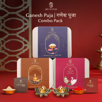 Ganesh Puja Combo | Ghee Wicks, Brass Diyas, Jasmine Incense, Bhimseni Camphor, Puja Roli & Chandan