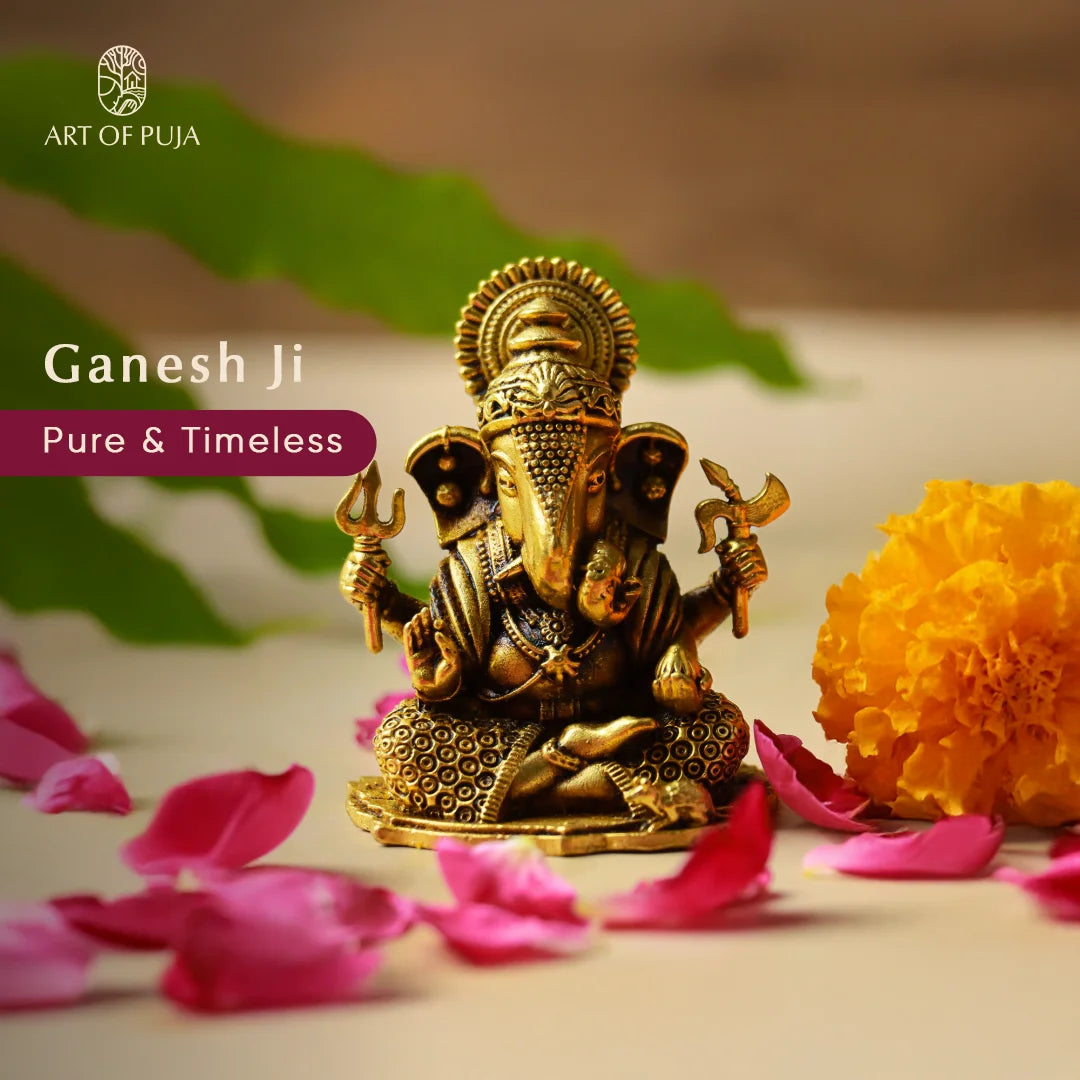 Brass Ganesh Ji Idol | Ganesha Murti with Trishul, Modak & Mushak | Vighnaharta Statue for Puja, Vastu & Prosperity | 2 inch