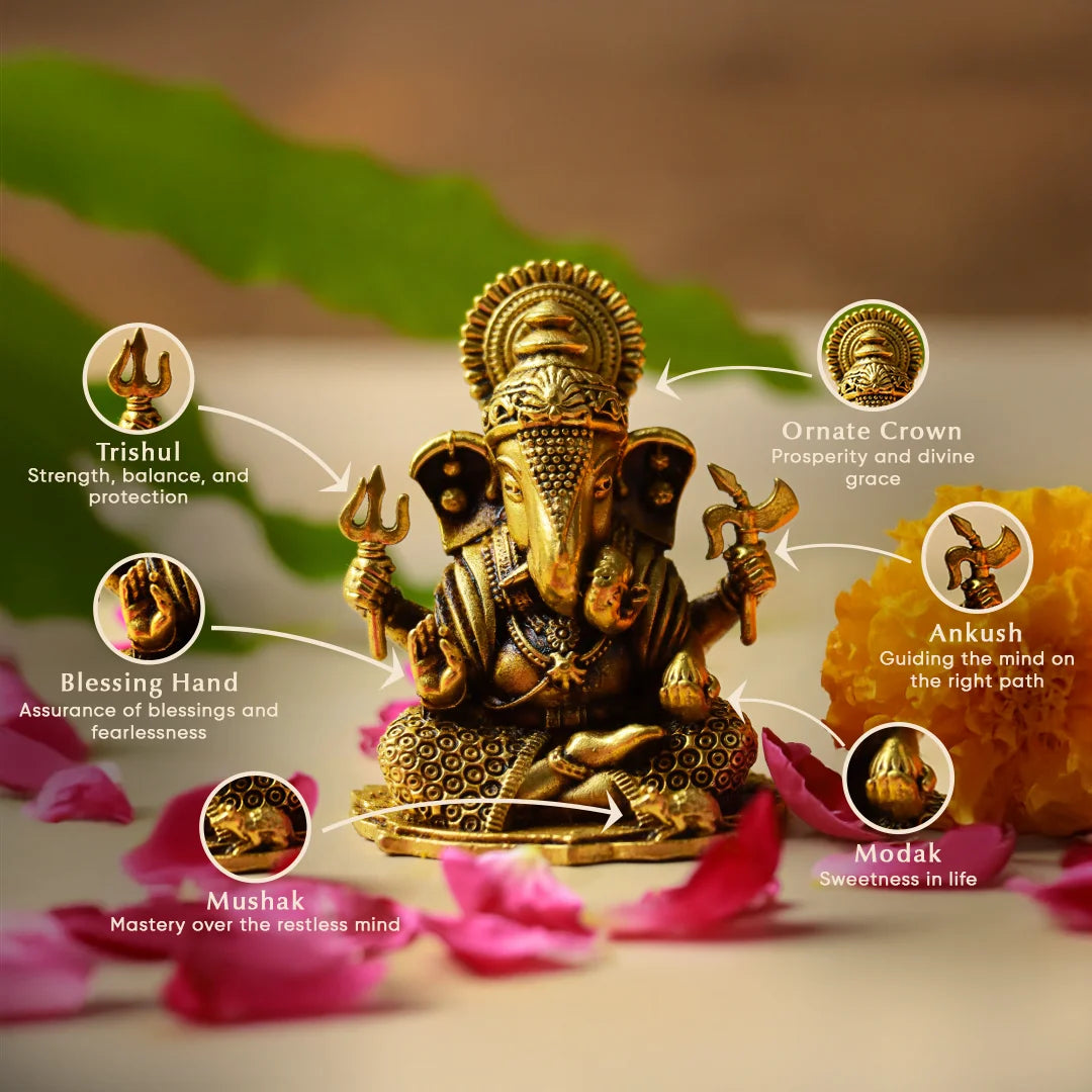 Brass Ganesh Ji Idol | Ganesha Murti with Trishul, Modak & Mushak | Vighnaharta Statue for Puja, Vastu & Prosperity | 2 inch