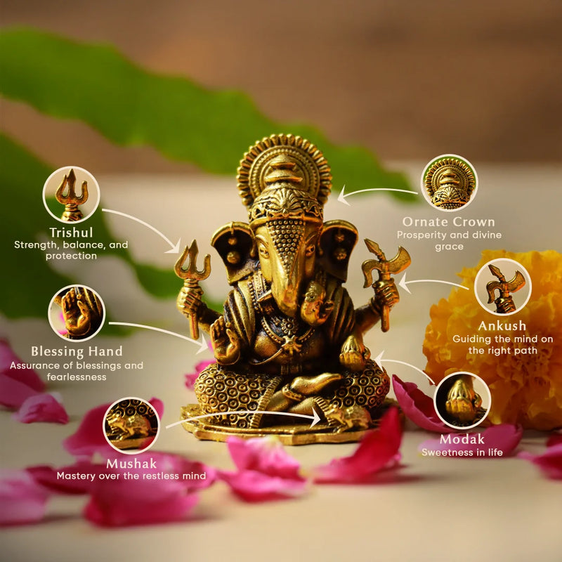 Brass Ganesh Ji Idol 2 inch| Ganesha Murti with Trishul, Modak & Mushak | Vighnaharta Statue for Puja, Vastu & Prosperity |
