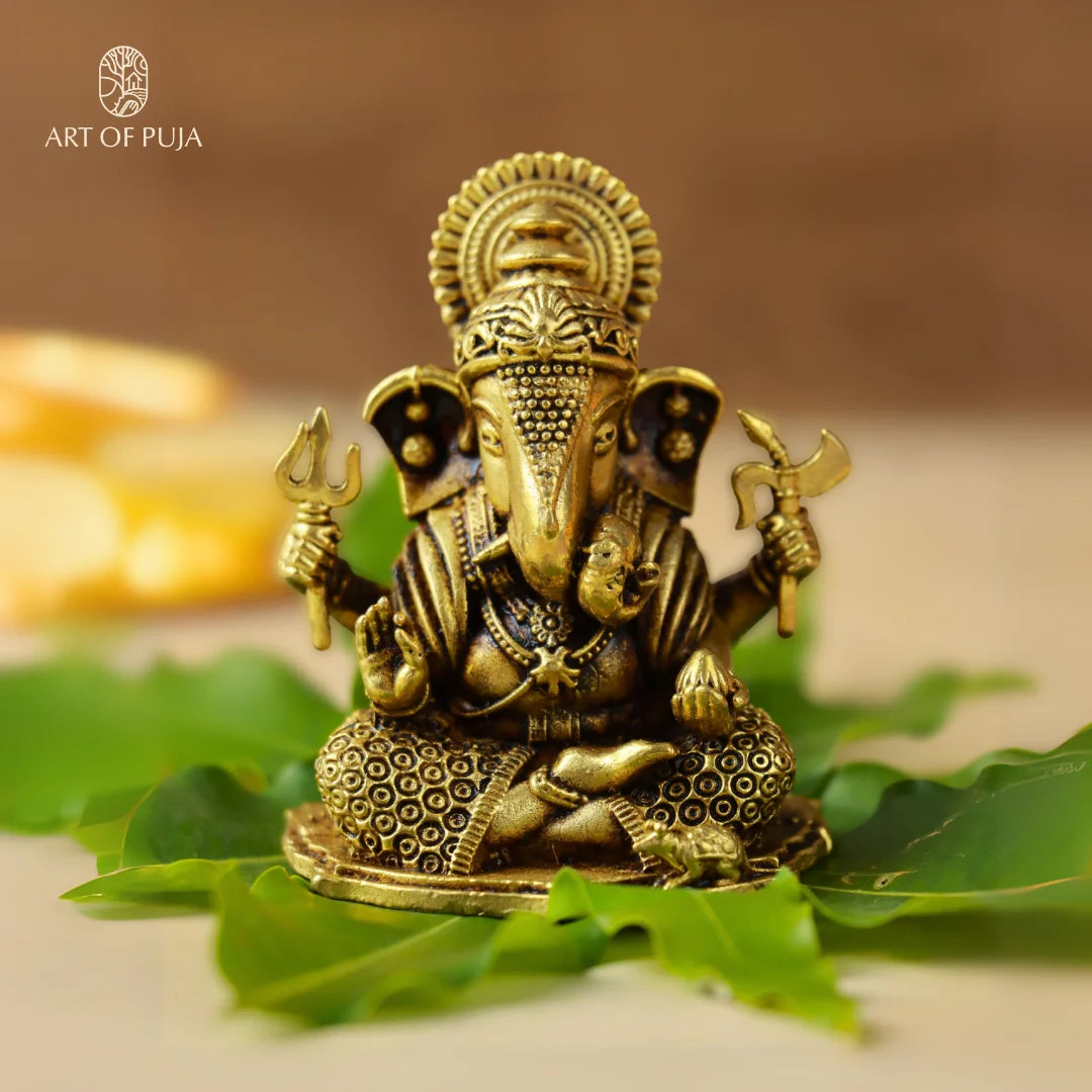Brass Ganesh Ji Idol | Ganesha Murti with Trishul, Modak & Mushak | Vighnaharta Statue for Puja, Vastu & Prosperity | 2.5 inch