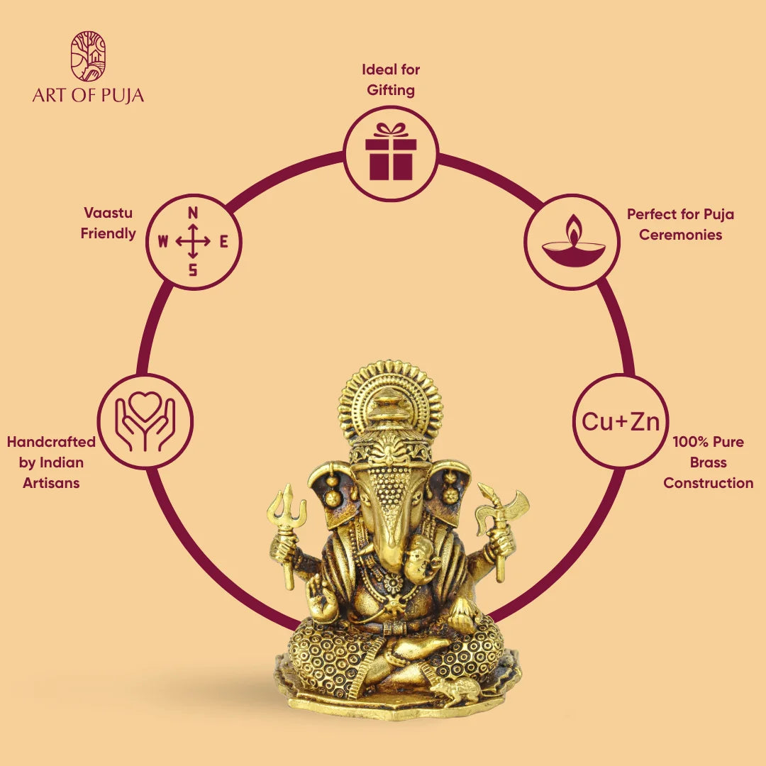 Brass Ganesh Ji Idol | Ganesha Murti with Trishul, Modak & Mushak | Vighnaharta Statue for Puja, Vastu & Prosperity | 2 inch