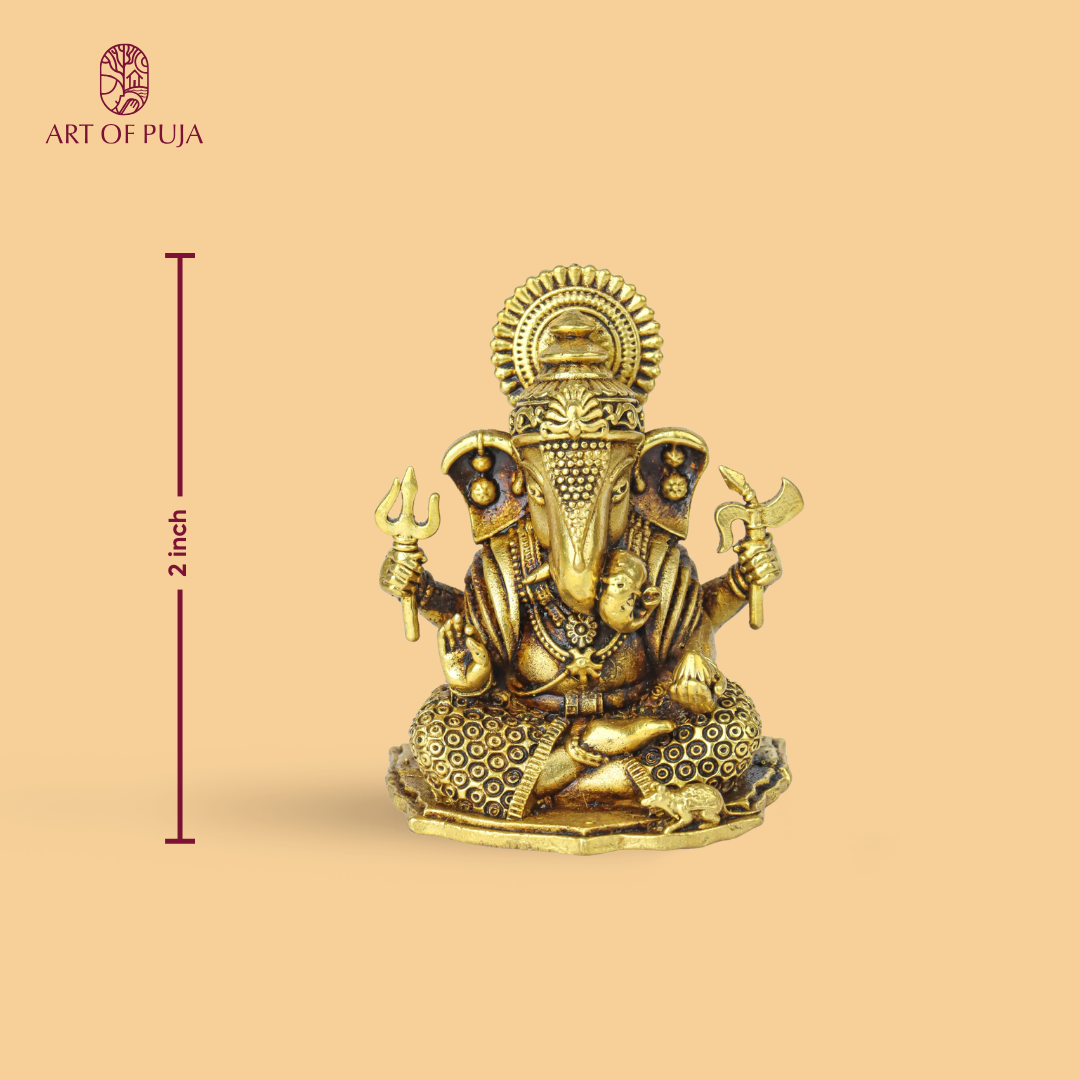 Brass Ganesh Ji Idol | Ganesha Murti with Trishul, Modak & Mushak | Vighnaharta Statue for Puja, Vastu & Prosperity | 2 inch