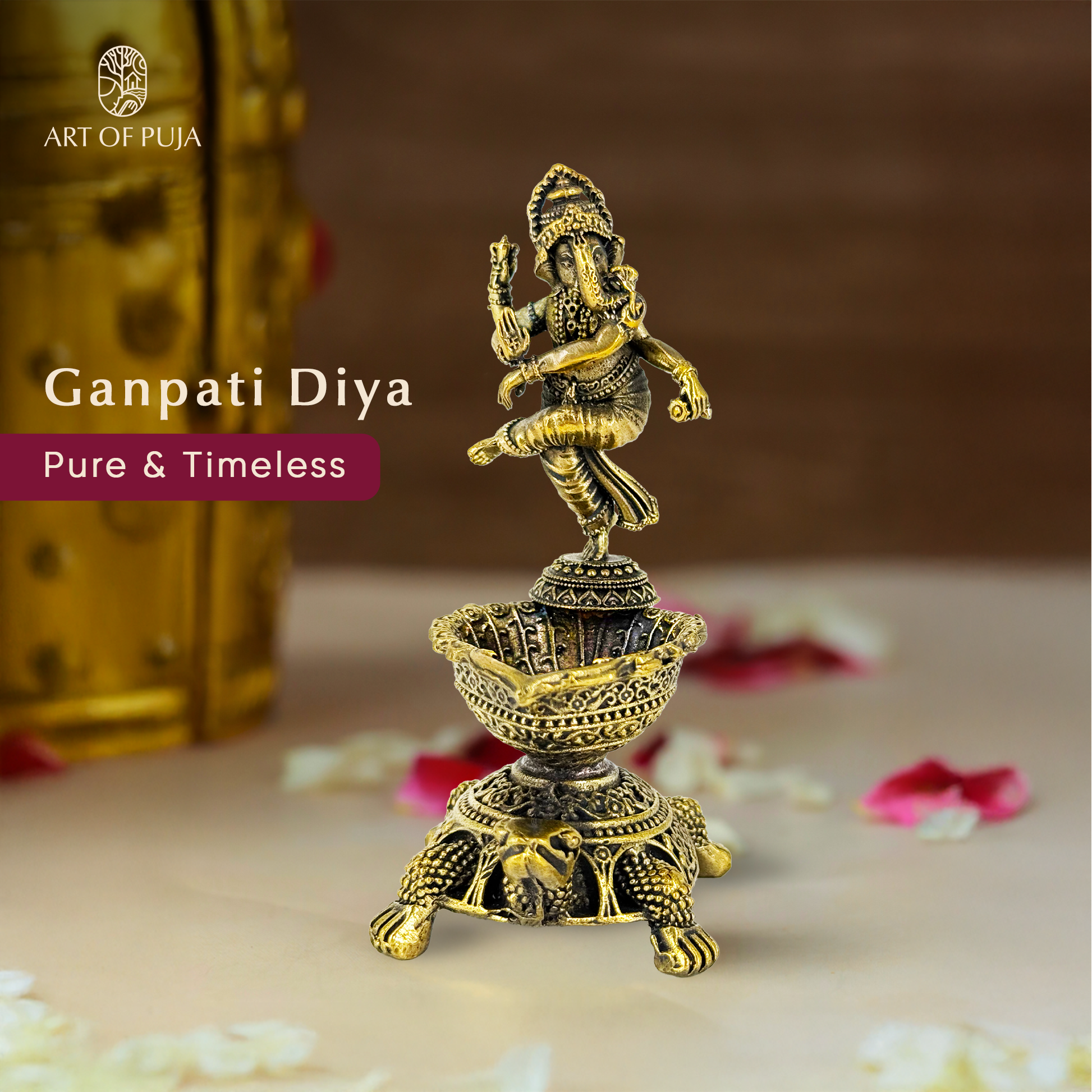 Brass Ganpati Diya | Dancing Ganesha with Kurma Base | Spiritual Oil Lamp for Puja, Vastu & Home Temple | 4 inch
