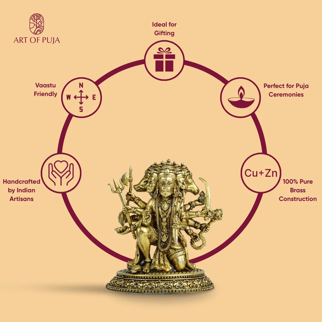 5.5 Inch Panchmukhi Hanuman Ji Murti in Brass | 5 Face Bajrangbali Idol for Protection, Vastu & Home Temple