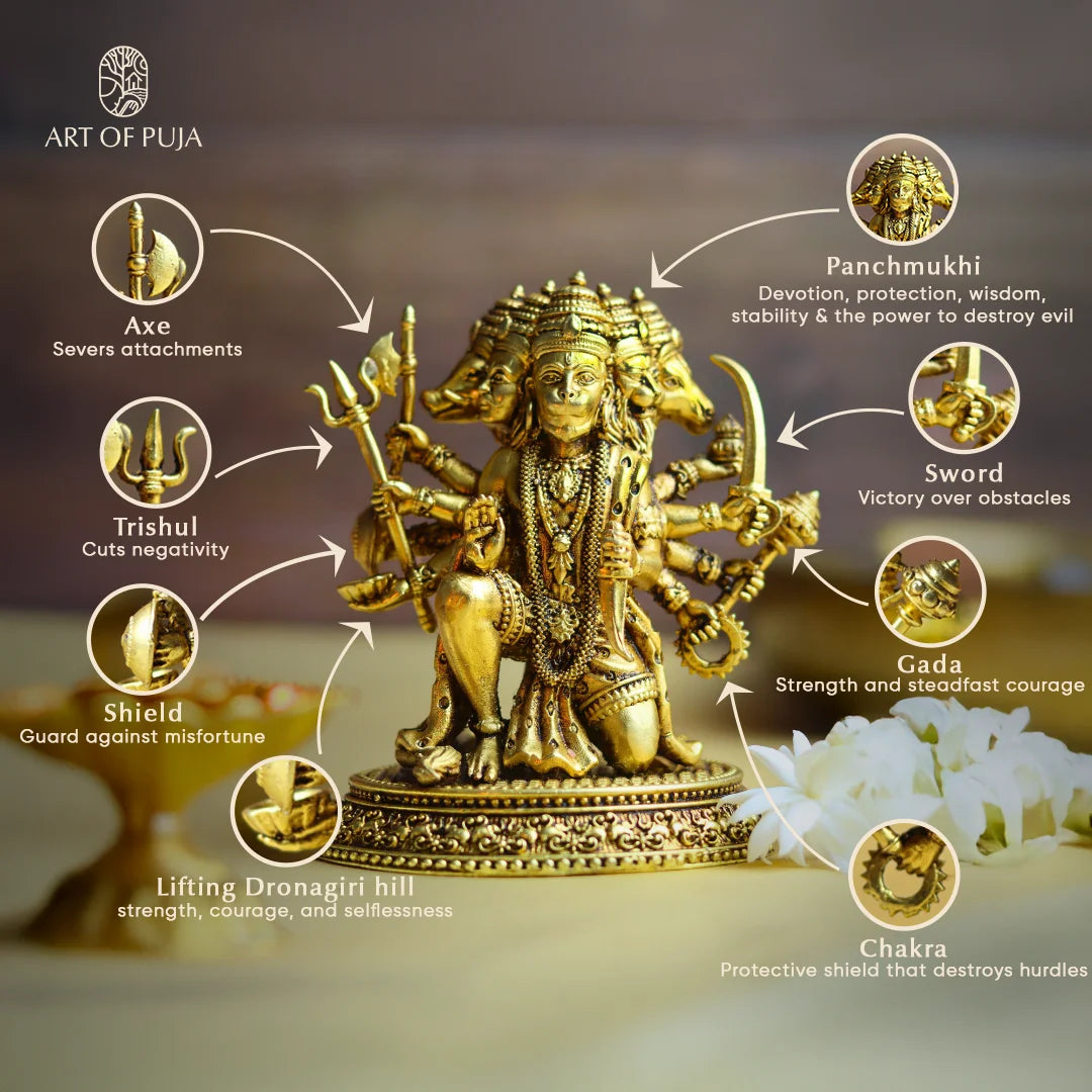 6 Inch Panchmukhi Hanuman Ji Murti in Brass | 5 Face Bajrangbali Idol for Protection, Vastu & Home Temple