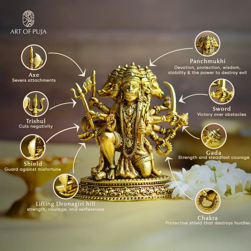 7 Inch Panchmukhi Hanuman Ji Murti in Brass | 5 Face Bajrangbali Idol for Protection & Vastu