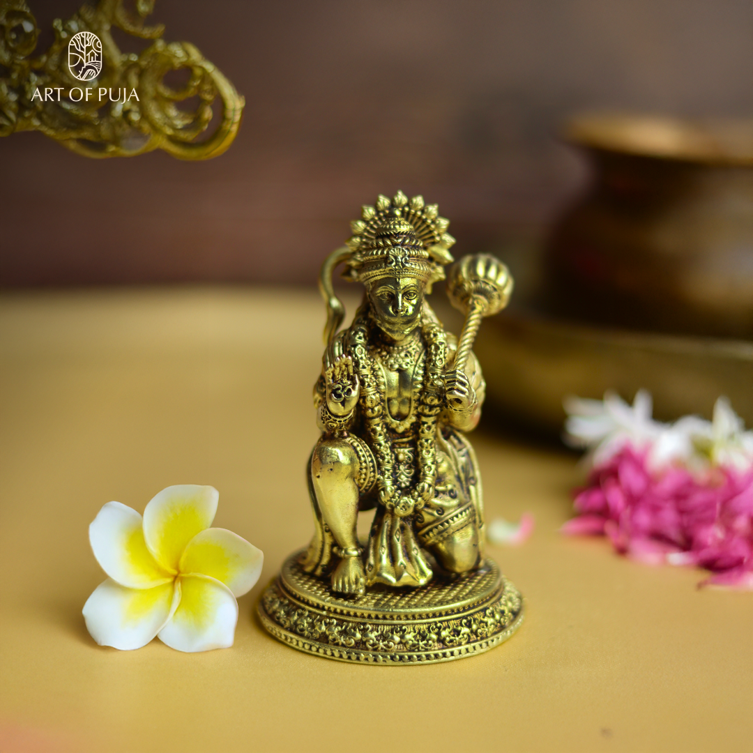 Brass Hanuman Idol – Kneeling Hanuman for Strength, Devotion & Protection | 3 inch