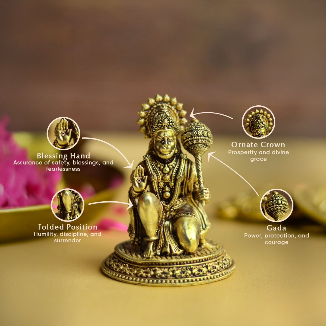 Brass Hanuman Idol  – Kneeling Hanuman for Strength, Devotion & Protection