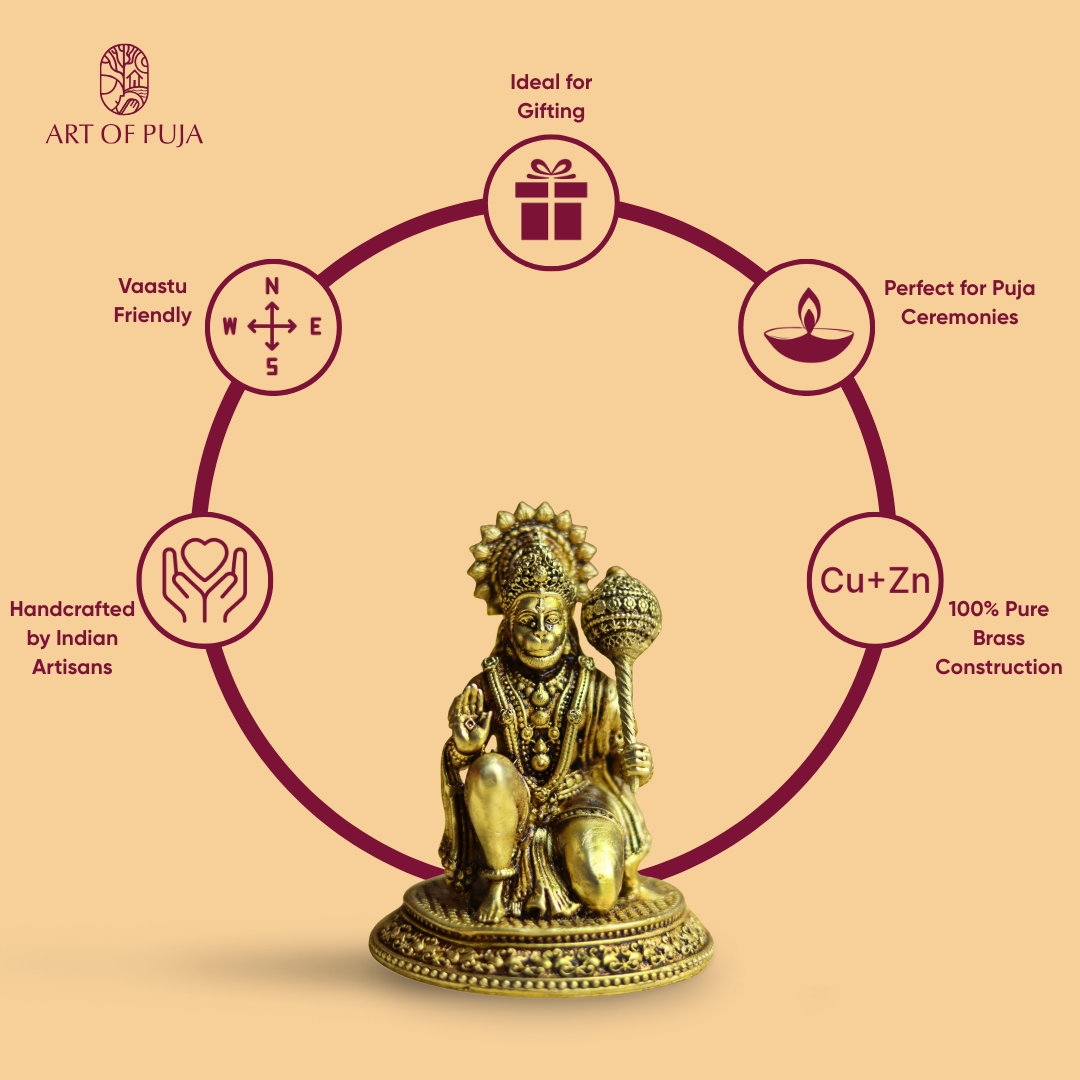 Brass Hanuman Ji Murti 6-inch | Bajrangbali Idol for Home Temple, Puja & Vastu