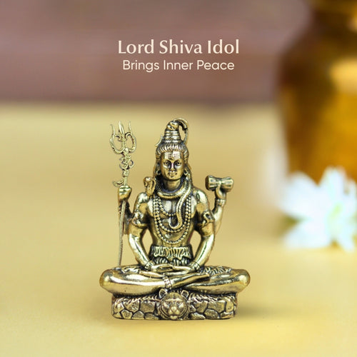 Brass Shiva Idol 3 inch– Lord Shiva in Meditation with Trishul & Damru|