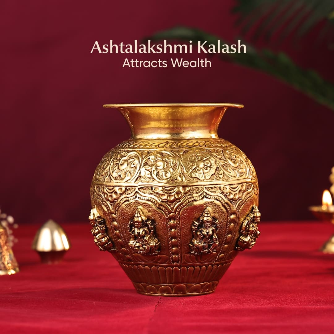 Brass Ashtalakshmi Kalash – 5.6 Inch | Symbol of Prosperity & Divine Grace