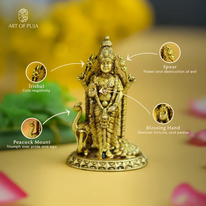 Brass Kartikeya Idol – Lord Murugan with Peacock 2-inch| Symbol of Power & Wisdom