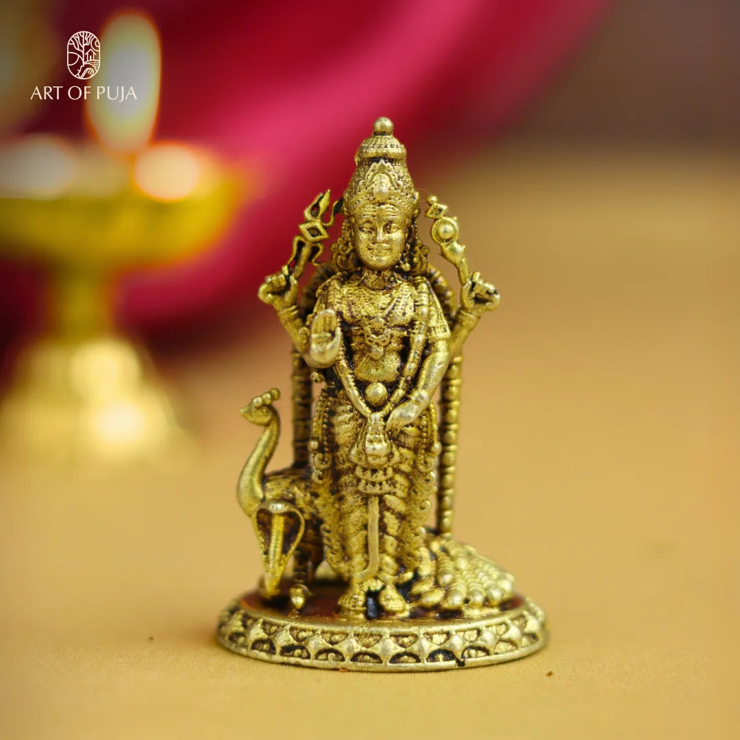 Brass Kartikeya Idol – Lord Murugan with Peacock | Symbol of Power & Wisdom