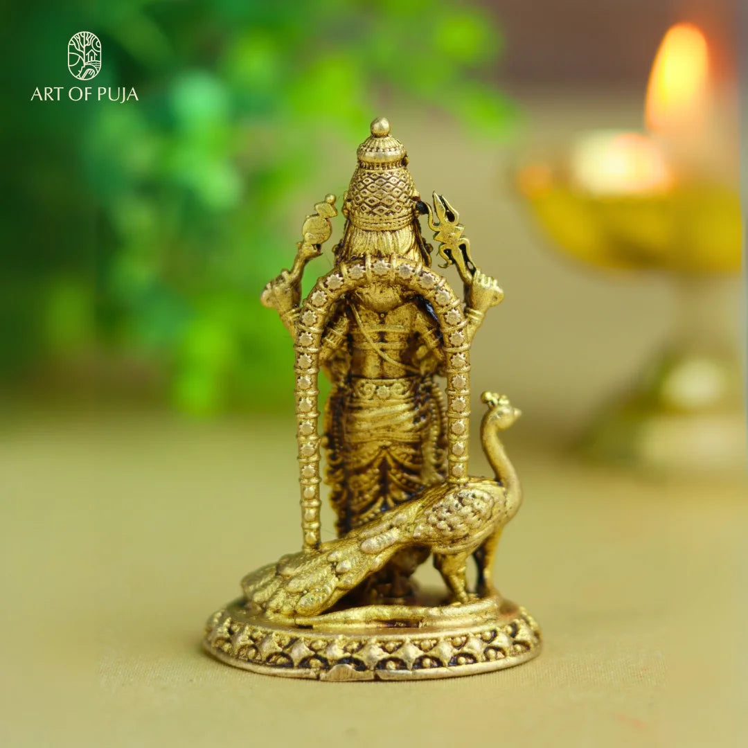 Brass Kartikeya Idol – Lord Murugan with Peacock | Symbol of Power & Wisdom