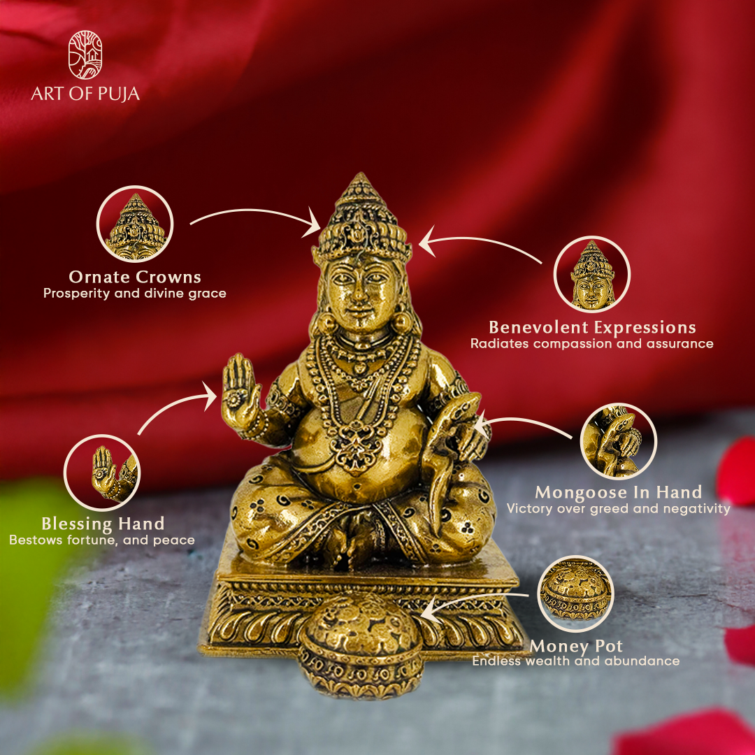 Brass Kuber Idol | Lord Kuber Statue for Wealth, Prosperity, Abundance & Home Temple Puja | 4 inch