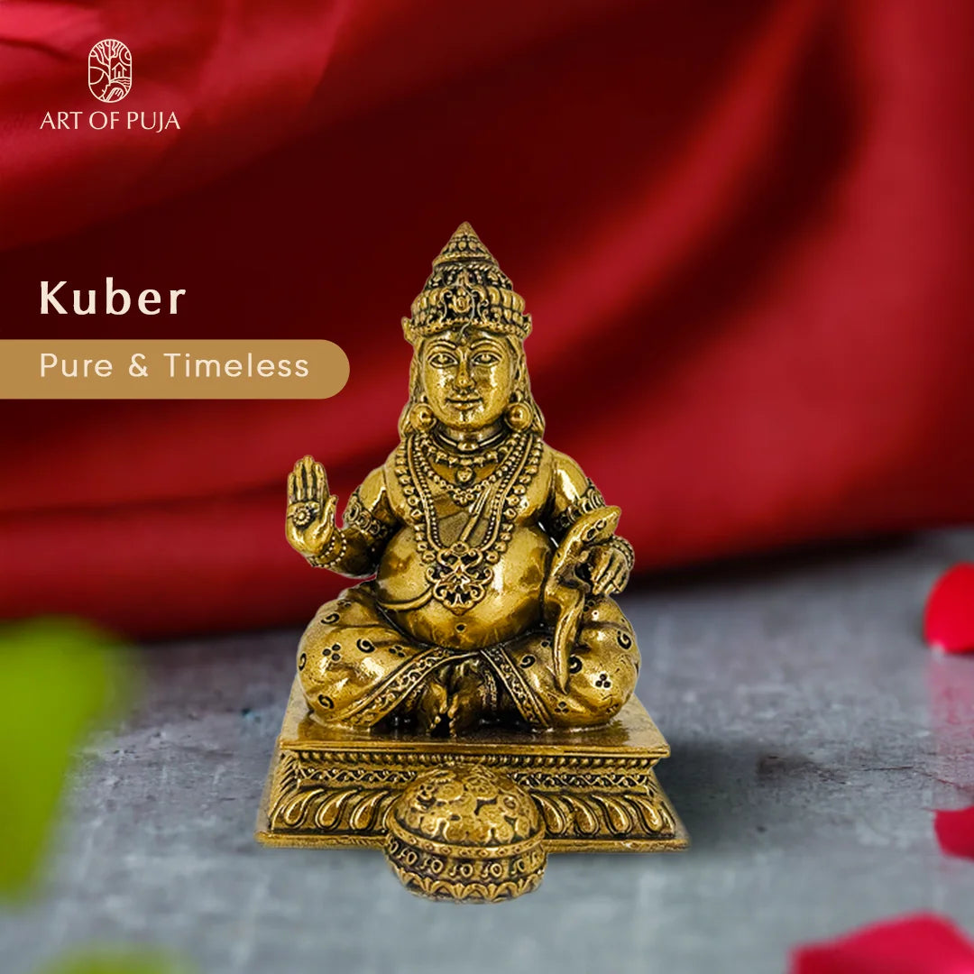Brass Kuber Idol | Lord Kuber Statue for Wealth, Prosperity, Abundance & Home Temple Puja | 4 inch