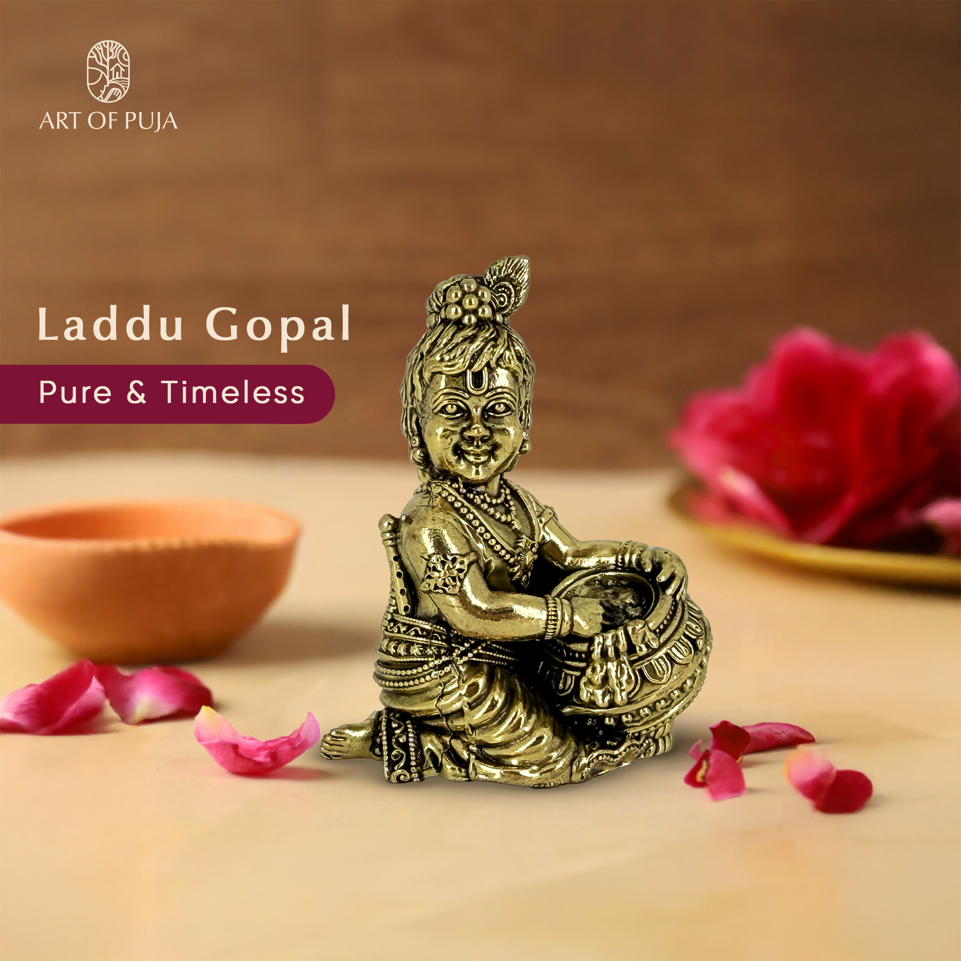 Brass Laddu Gopal Idol | Bal Krishna Murti with Butter Pot | Baby Krishna Statue for Puja, Janmashtami & Gifting | 3 inch