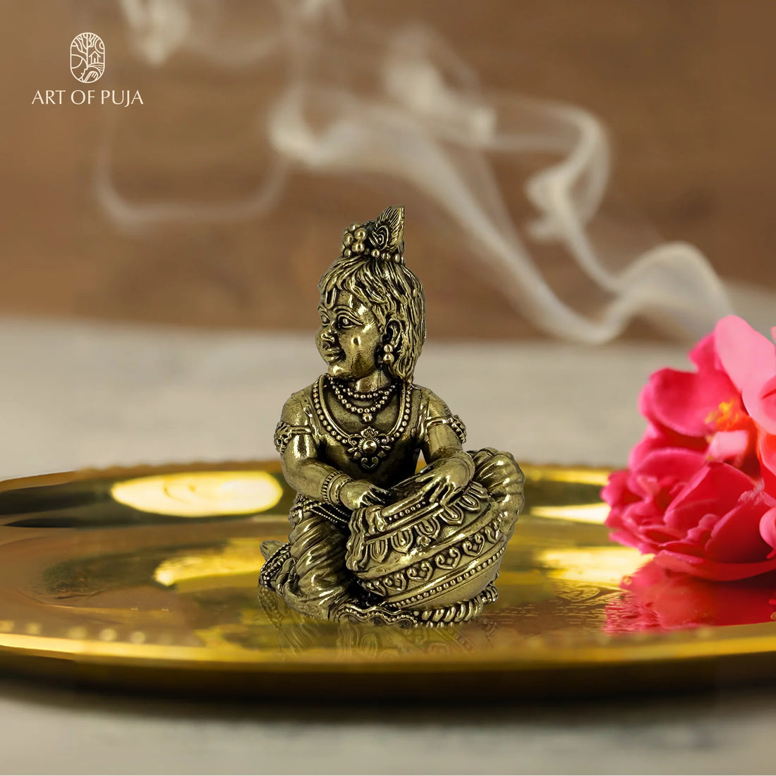 Brass Laddu Gopal Idol | Bal Krishna Murti with Butter Pot | Baby Krishna Statue for Puja, Janmashtami & Gifting | 2.5 inch