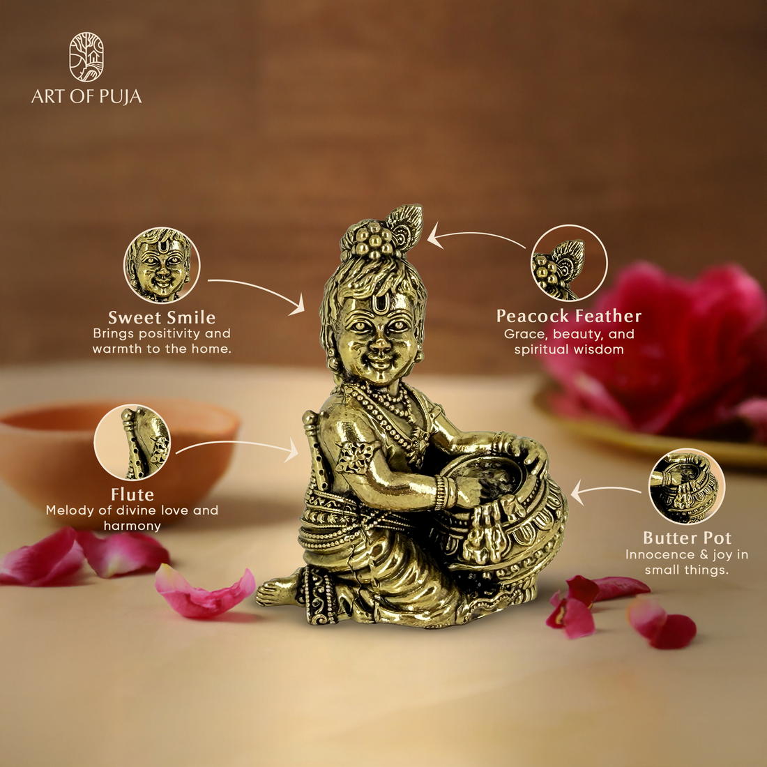 Brass Laddu Gopal Idol | Bal Krishna Murti with Butter Pot | Baby Krishna Statue for Puja, Janmashtami & Gifting | 3 inch