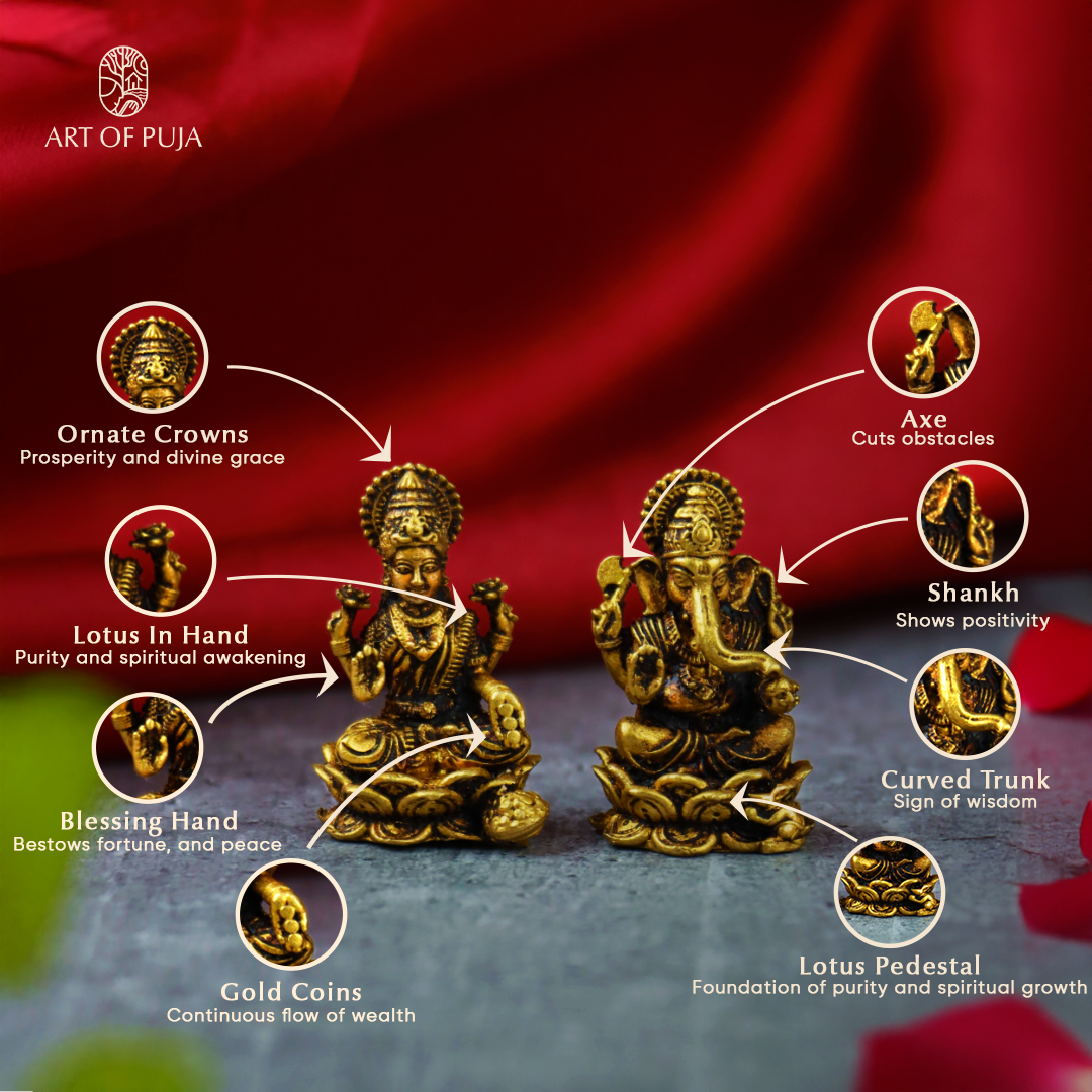 Brass Lakshmi Ganesha Idol Set | Divine Pair for Puja, Home Temple, Office Desk, Diwali & Auspicious Gifting | 2 Inch