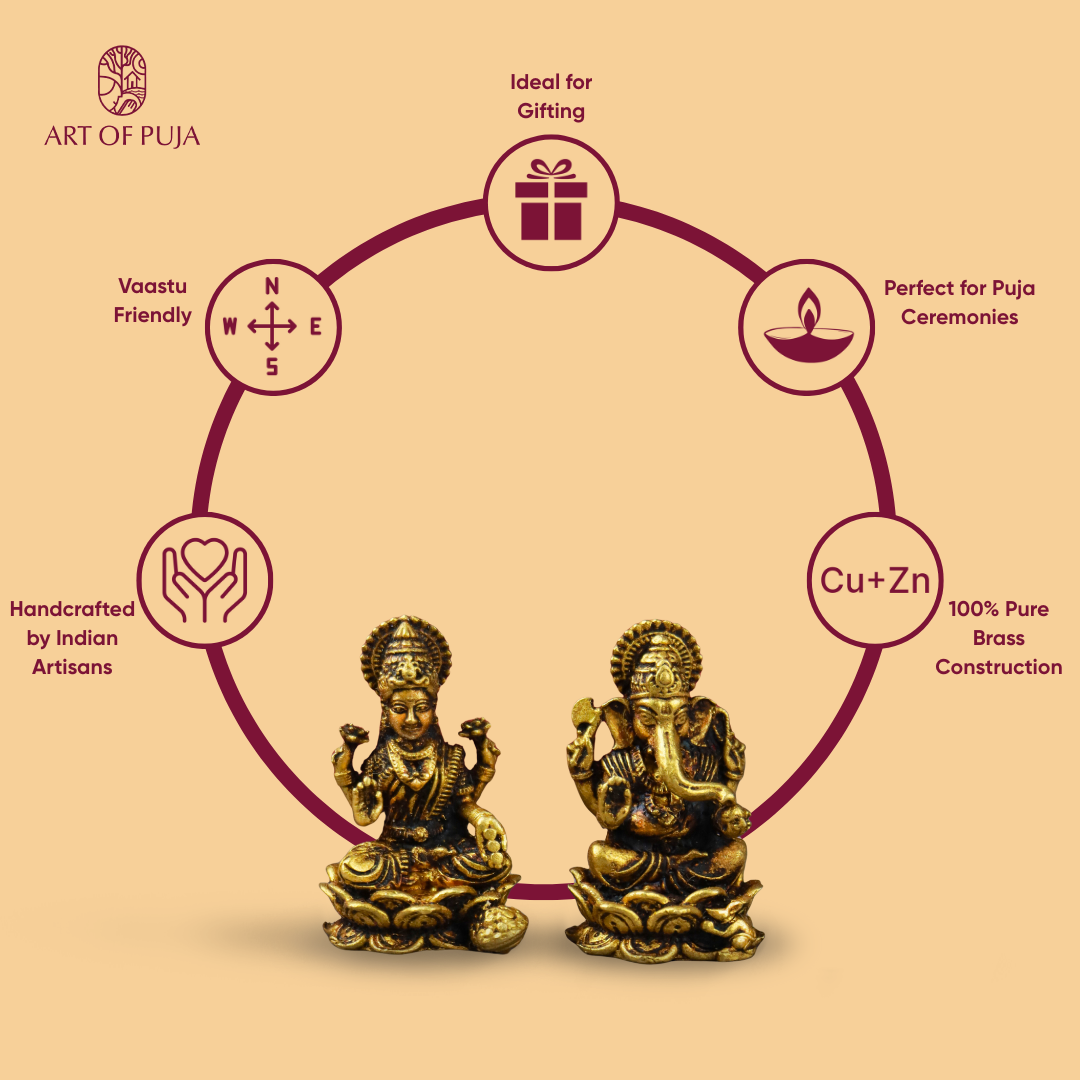 Brass Lakshmi Ganesha Idol Set | Divine Pair for Puja, Home Temple, Office Desk, Diwali & Auspicious Gifting | 2 Inch