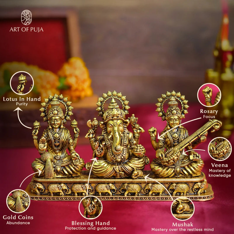 Brass Lakshmi Ganesha Saraswati Idol Set – Divine Trio Statue for Puja, 3 Inch