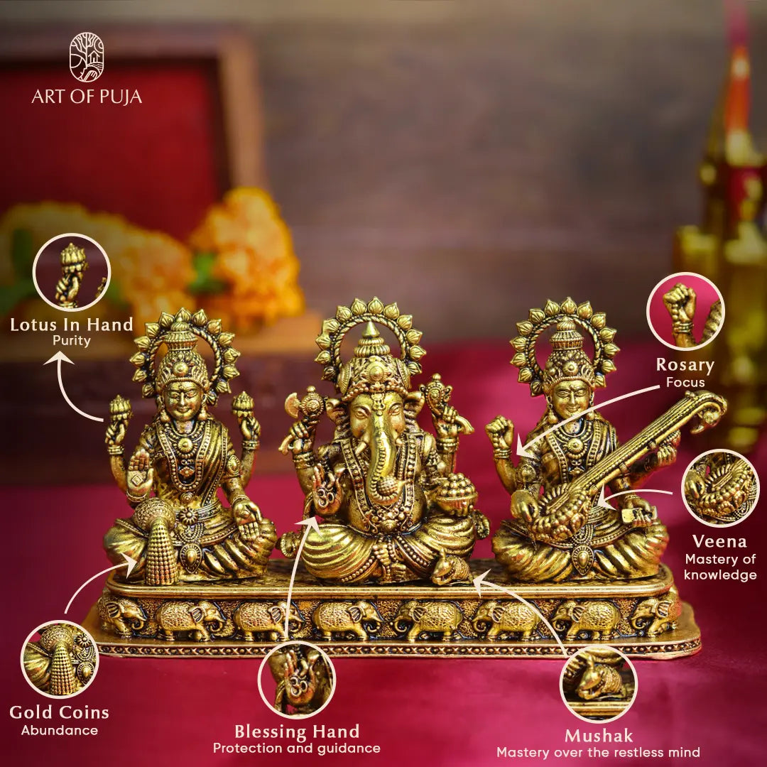 Brass Lakshmi Ganesha Saraswati Idol Set – Divine Trio Statue for Puja, Home Temple, Diwali & Auspicious Gifting